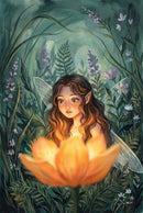 A digital illustration of a wide-eyed young fairy with long, wavy brown hair and pointed ears gazing in wonder at a large, glowing orange flower in the foreground. She has delicate, translucent wings and is surrounded by a lush forest of tall green grass, ferns, and small purple and white wildflowers. The light from the flower casts a warm, golden glow on her face against a soft, dark-green background.