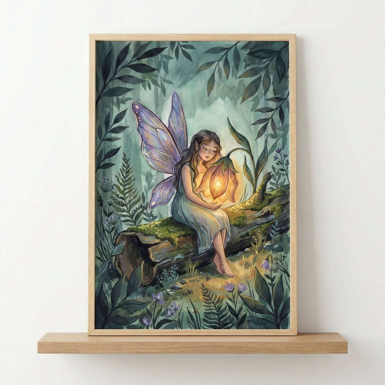 An illustration of a winged fairy sitting on a mossy log in a dense forest, holding a glowing flower that radiates a soft light. The fairy has long dark hair and iridescent purple wings. The surrounding woodland is filled with lush greenery, ferns, and small purple blossoms. The artwork is presented in a light wood frame on a matching wooden shelf against a white wall.