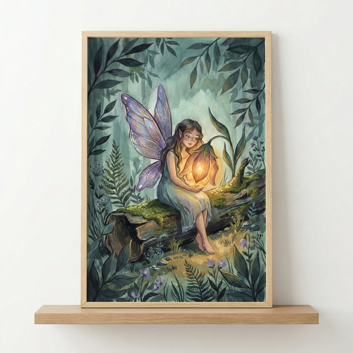 An illustration of a winged fairy sitting on a mossy log in a dense forest, holding a glowing flower that radiates a soft light. The fairy has long dark hair and iridescent purple wings. The surrounding woodland is filled with lush greenery, ferns, and small purple blossoms. The artwork is presented in a light wood frame on a matching wooden shelf against a white wall.