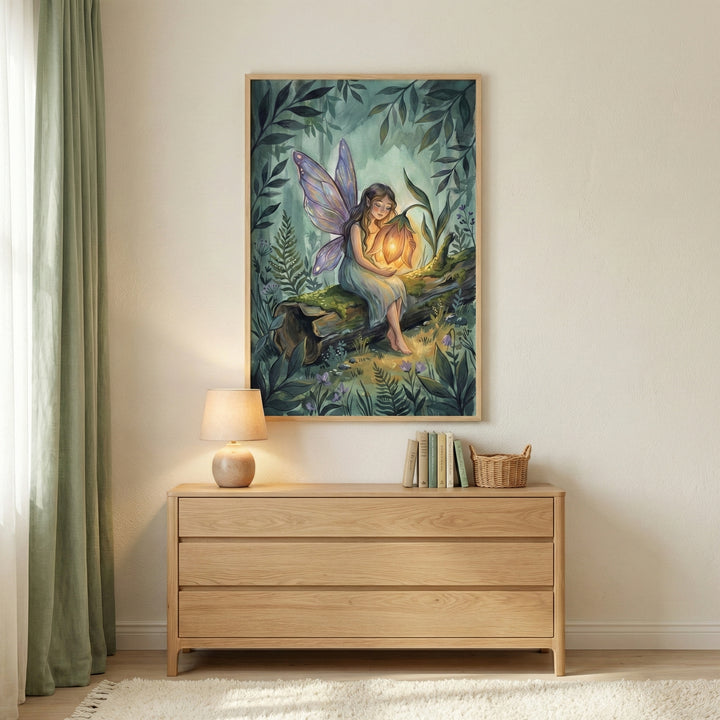 A large framed illustration hangs on a neutral wall above a light wood dresser. The artwork features a girl with delicate purple wings sitting on a mossy log in a lush forest, holding a large, glowing orange flower. The room is decorated with light green curtains to the left, a small lamp, a few books, and a woven basket on the dresser, with a white textured rug on the floor below.