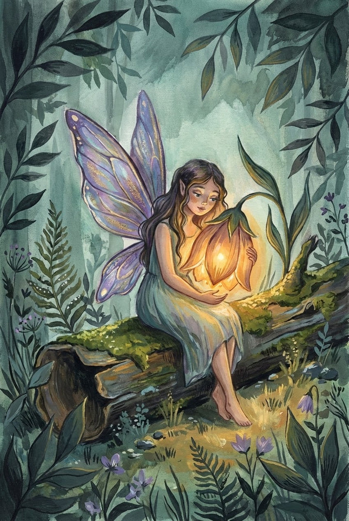 A fairy with iridescent wings cradles a glowing flower like a lantern while sitting on a mossy log in a forest clearing, surrounded by tall leaves and delicate white blossoms.