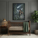 A sophisticated, moody nursery with dark olive-green paneled walls and a classic dark wood crib. Centered above the crib is a large framed vertical artwork depicting a whimsical dark-haired fairy with translucent wings peeking through leafy willow branches under a dark night sky with a bright shooting star. A textured green blanket is draped over the side of the crib. To the left, a small wooden side table holds a gold-colored desk lamp and a tiny fox figurine. To the right, a tall fiddle-leaf fig plant sit