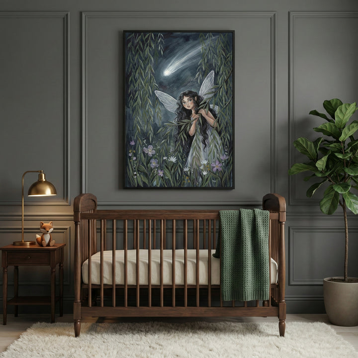 A sophisticated, moody nursery with dark olive-green paneled walls and a classic dark wood crib. Centered above the crib is a large framed vertical artwork depicting a whimsical dark-haired fairy with translucent wings peeking through leafy willow branches under a dark night sky with a bright shooting star. A textured green blanket is draped over the side of the crib. To the left, a small wooden side table holds a gold-colored desk lamp and a tiny fox figurine. To the right, a tall fiddle-leaf fig plant sit