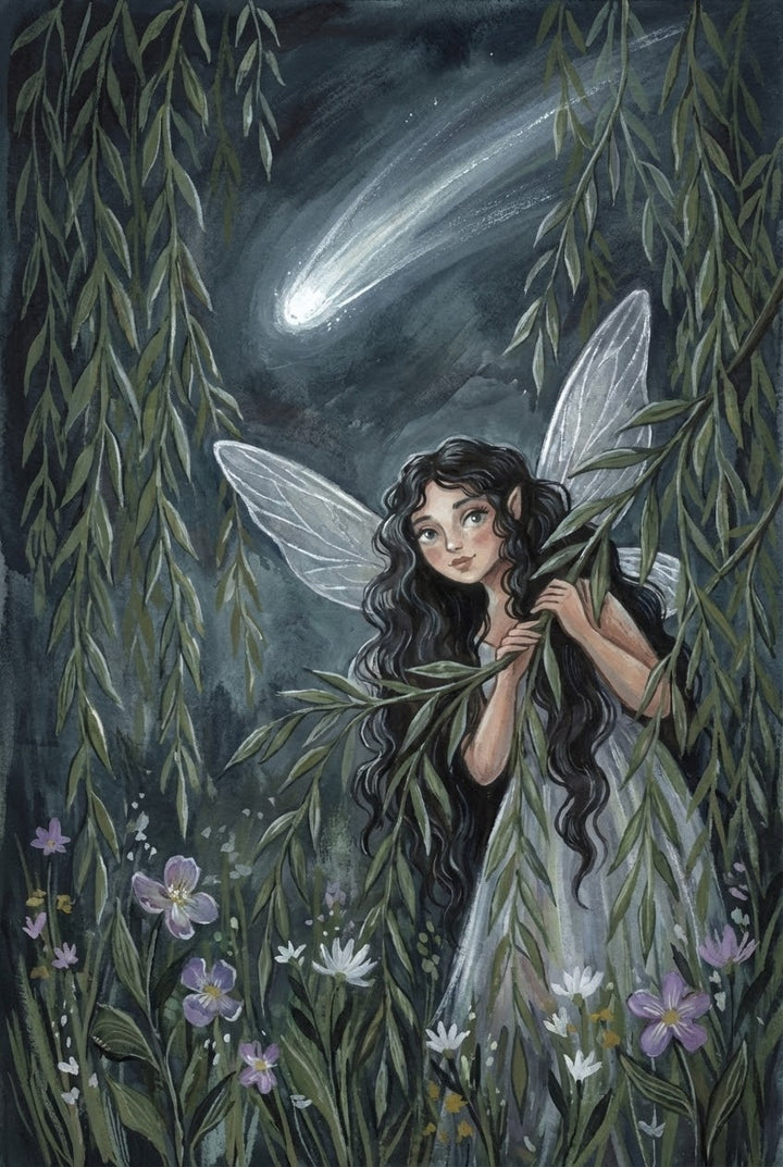 Whimsical illustration of a woodland fairy with long dark hair and delicate translucent wings, peeking through hanging willow branches in a moonlit forest. She wears a soft white dress and gazes upward with a gentle, curious expression. Above her, a glowing comet streaks across the night sky, while wildflowers bloom around her in the enchanted underbrush.