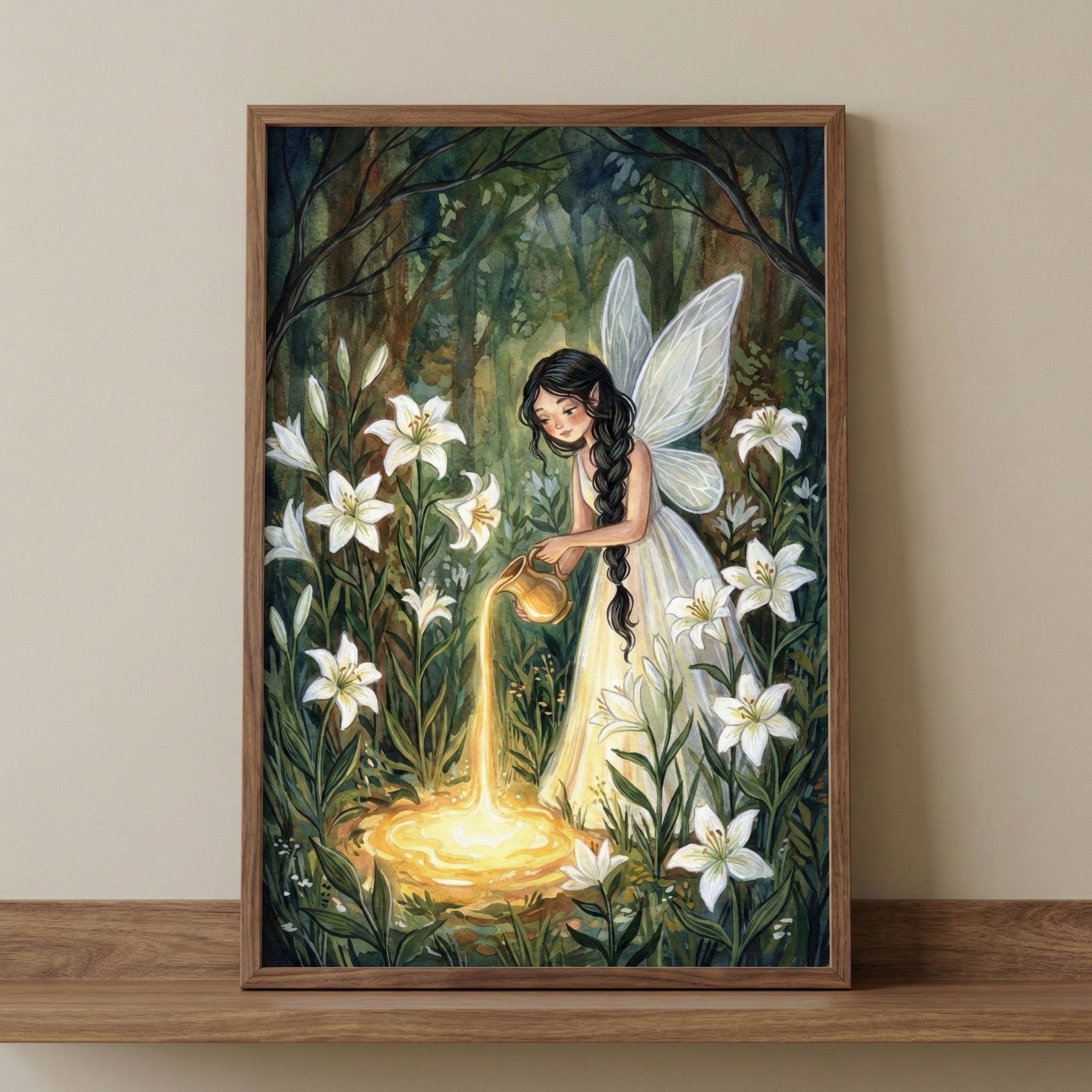 A framed vertical illustration of a fairy with long dark hair braided over her shoulder and large, translucent white wings. She is wearing a simple white dress and stands in a lush forest filled with tall white lilies. She holds a small pitcher, pouring a glowing golden liquid into a luminous pool at her feet. The warm light from the pool illuminates the surrounding flowers and the lower half of her dress against the dark, shadowy trees in the background. The art piece is encased in a slim wooden frame and 