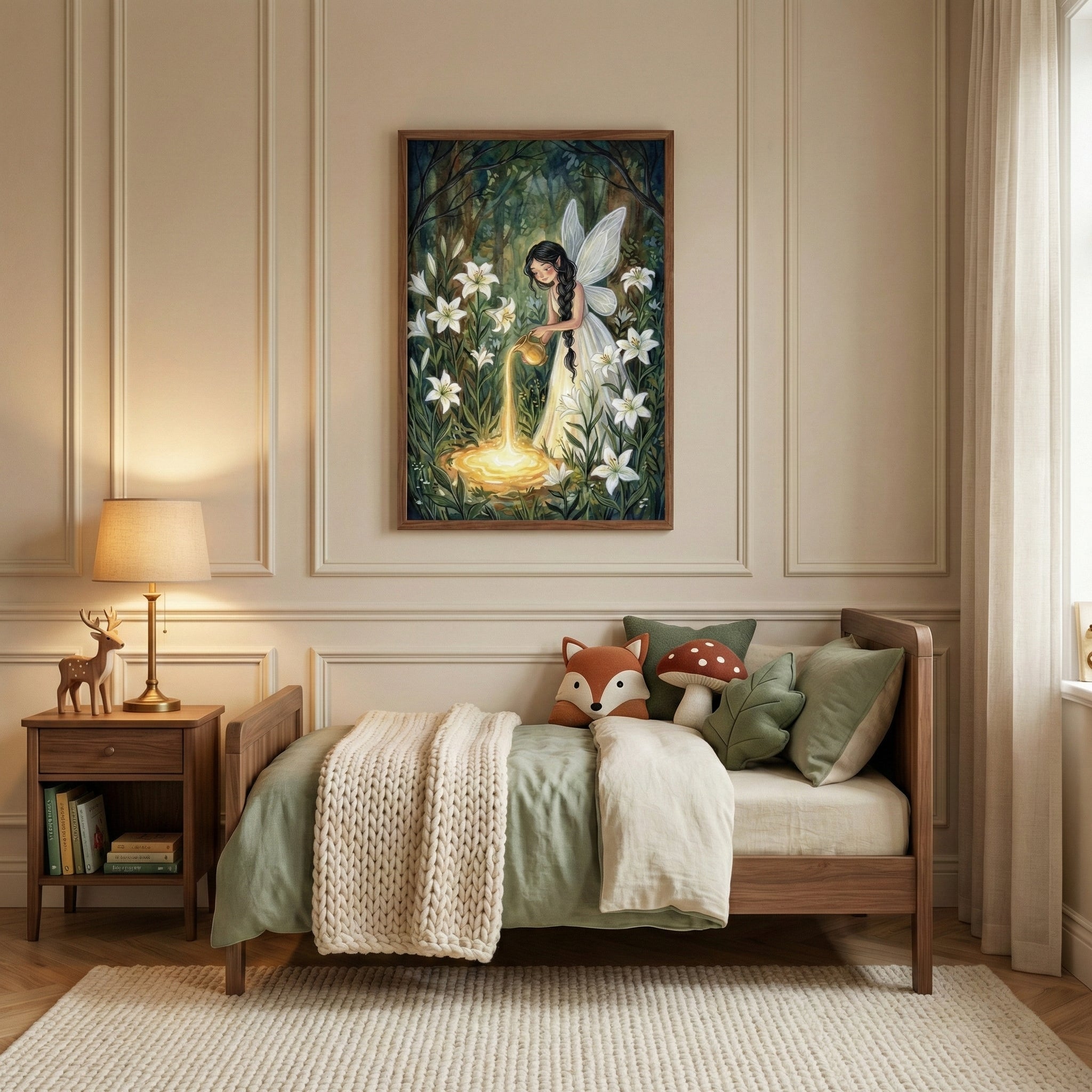 A cozy child's bedroom features a wooden bed dressed in a sage green comforter and a chunky white knit throw blanket. Several decorative pillows shaped like a fox, a mushroom, and a leaf rest against the headboard. Next to the bed, a dark wood nightstand holds a lamp with a beige shade, a small wooden deer figurine, and a few books on its lower shelf. On the light-colored paneled wall above the bed hangs a framed piece of art depicting a fairy with long dark hair and white wings. In the illustration, the fa