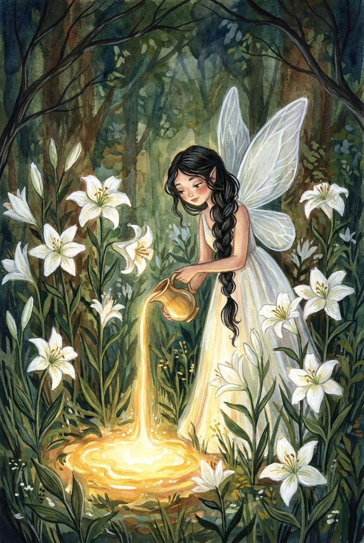 A fairy in a flowing dress pours golden liquid from a small jug onto the forest floor, surrounded by blooming white lilies and dappled woodland light.
