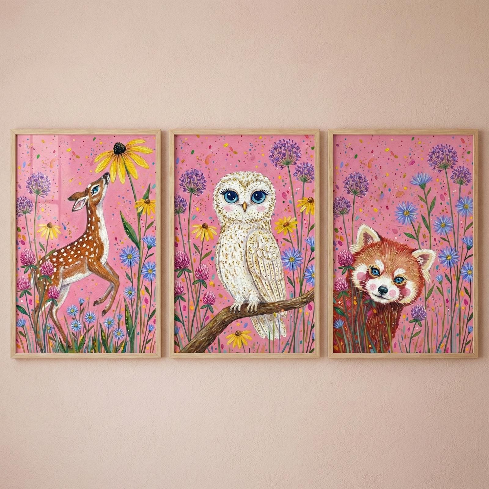 Three rectangular wooden frames are hung in a row on a pale pink wall. Each frame holds a vibrant, whimsical illustration of a forest animal set against a bright pink, speckled background. On the left, a brown spotted fawn gazes up at a large yellow flower amidst purple and blue wildflowers. In the center, a white owl with large, round blue eyes perches on a branch, surrounded by tall purple alliums and yellow daisies. On the right, a red panda peeks through a cluster of blue and purple flowers. 