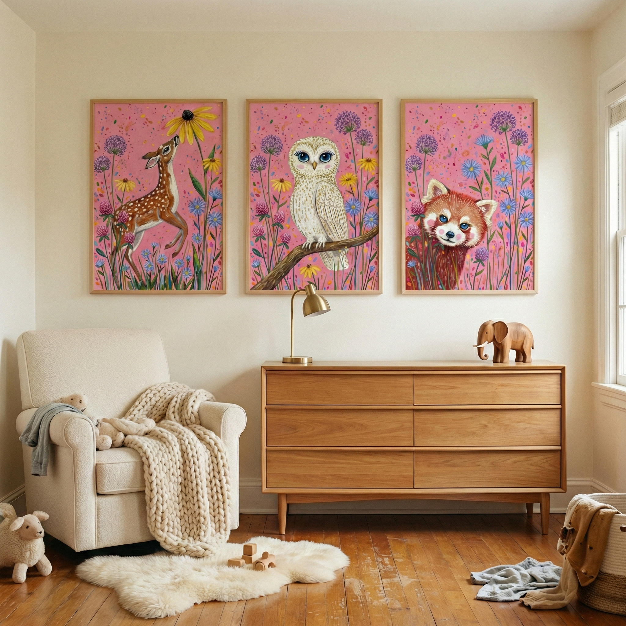 Cute Forest Animals Wall Art Set of 3 - Floral Animal Trio