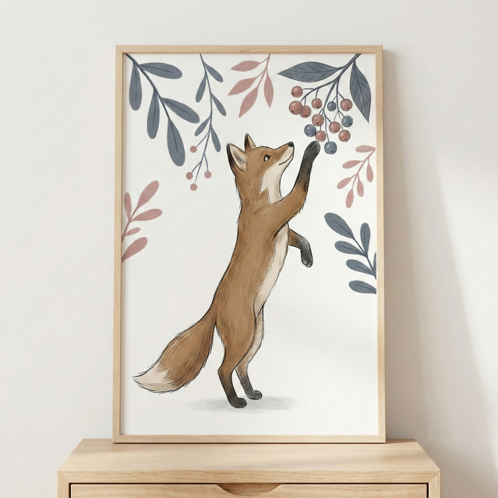 Illustrated fox standing on its hind legs reaching up toward a cluster of berries hanging from leafy branches above. Whimsical woodland animal art print with soft muted leaves and berries designed for cozy nursery or children’s room decor.