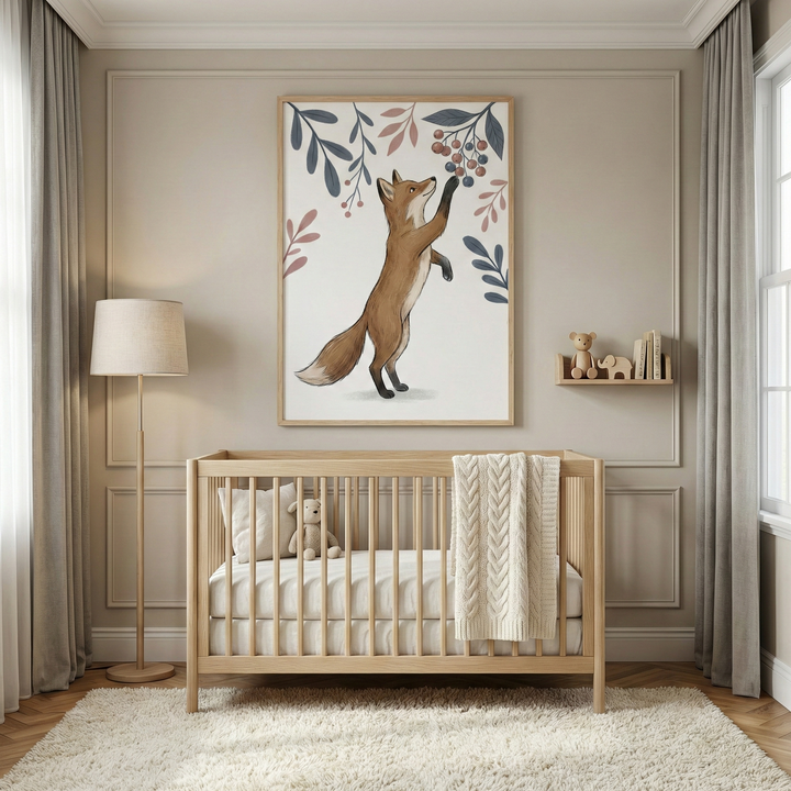Illustrated fox standing on its hind legs reaching toward a cluster of berries on leafy branches in a woodland style art print. The framed fox artwork hangs above a wooden crib in a soft neutral nursery with a floor lamp, plush toy, and cozy blanket creating a calm nature inspired baby room.