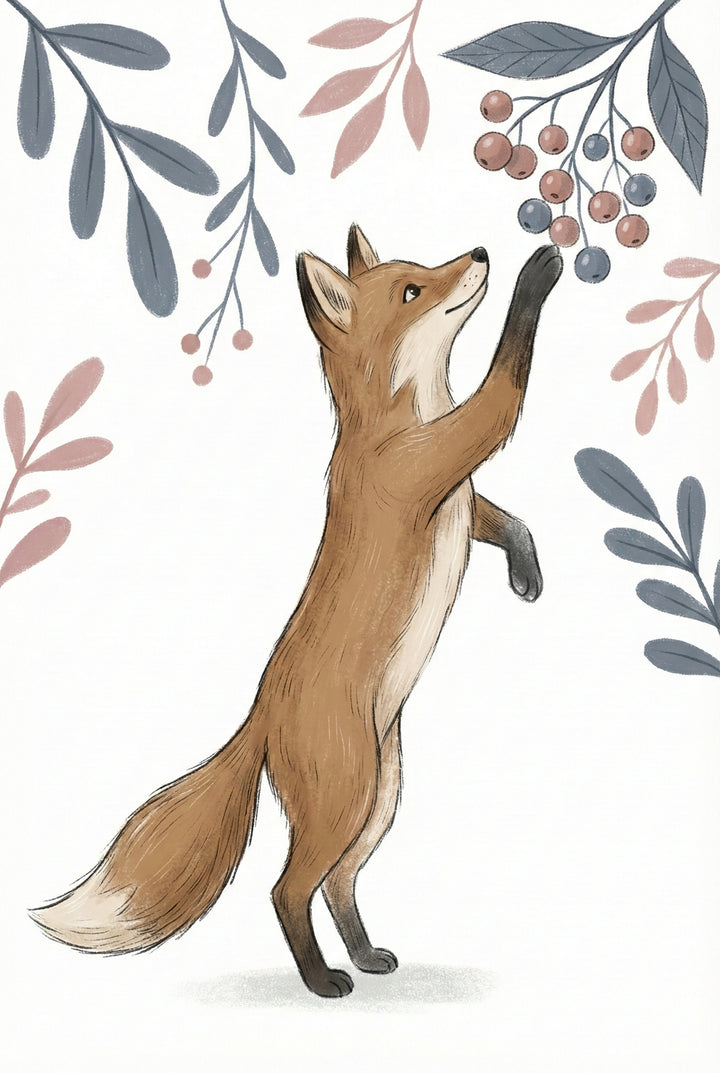 A stylized illustration of a reddish-brown fox standing on its hind legs. The fox reaches up with one dark-tipped paw toward a cluster of blue and red berries hanging from a branch. It has a white underbelly and a bushy tail with a white tip. The background is plain white, accented by delicate branches and leaves in muted shades of blue-gray and dusty rose, creating a gentle and minimalist scene.