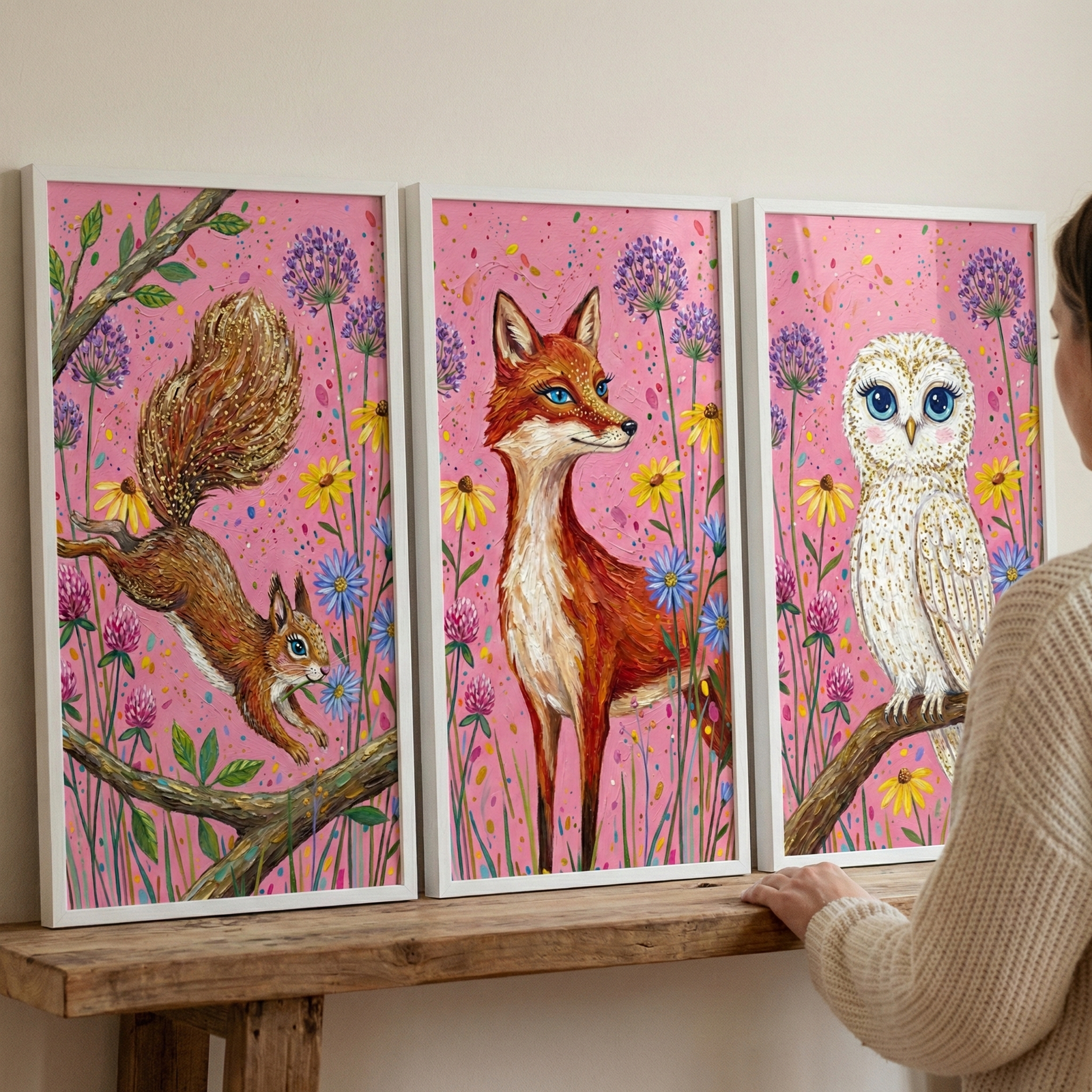 Three framed vertical illustrations are displayed on a rustic wooden bench against a plain wall. Each piece features a whimsical animal set against a textured pink background filled with colorful wildflowers. The left panel shows a brown squirrel in mid-leap. The middle panel depicts a red fox with large blue eyes. The right panel shows a white owl with large blue eyes perched on a branch. A person is partially visible on the right, with their hand resting on the wooden shelf.