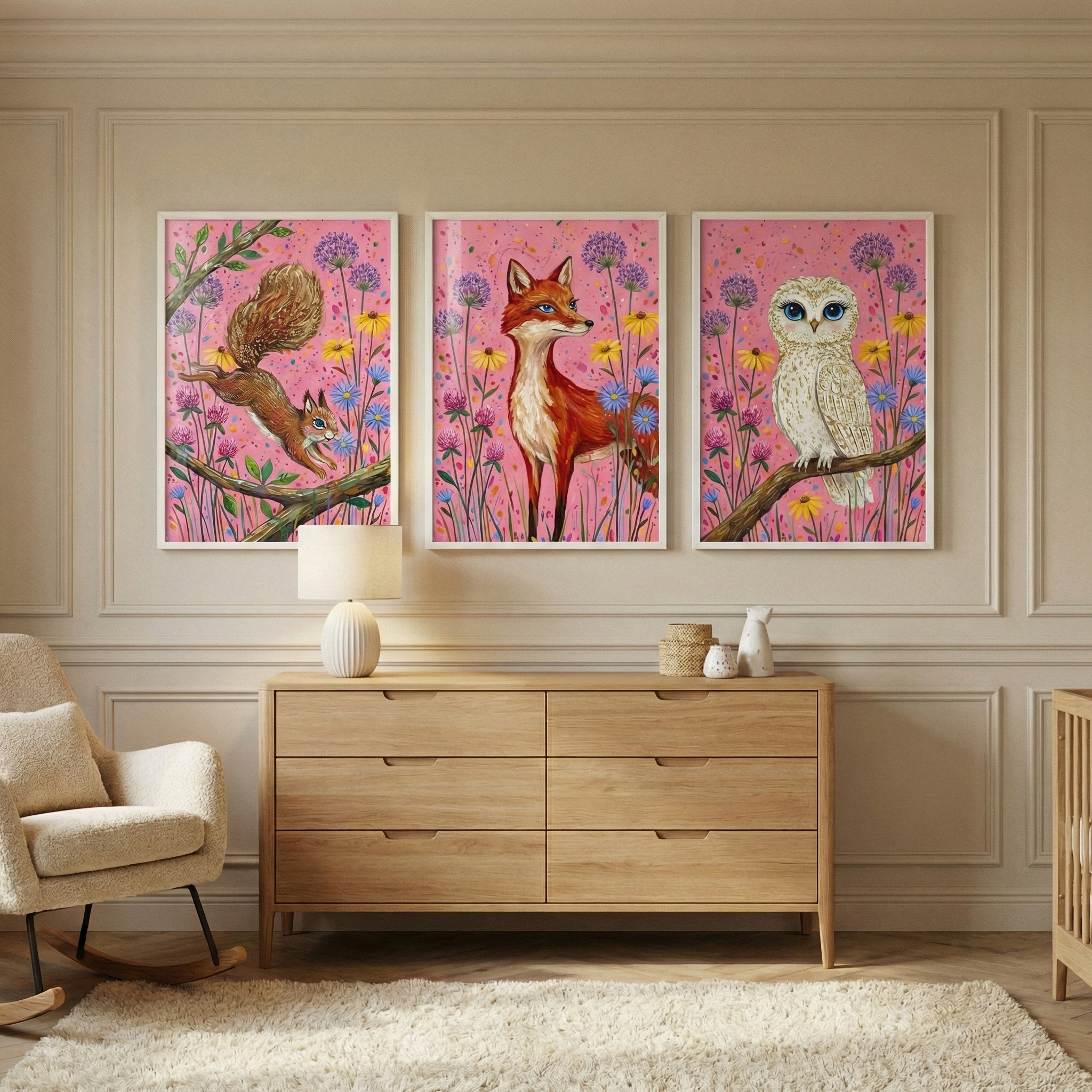 Woodland Animals Artwork Set of 3 - Vibrant Woodland Trio