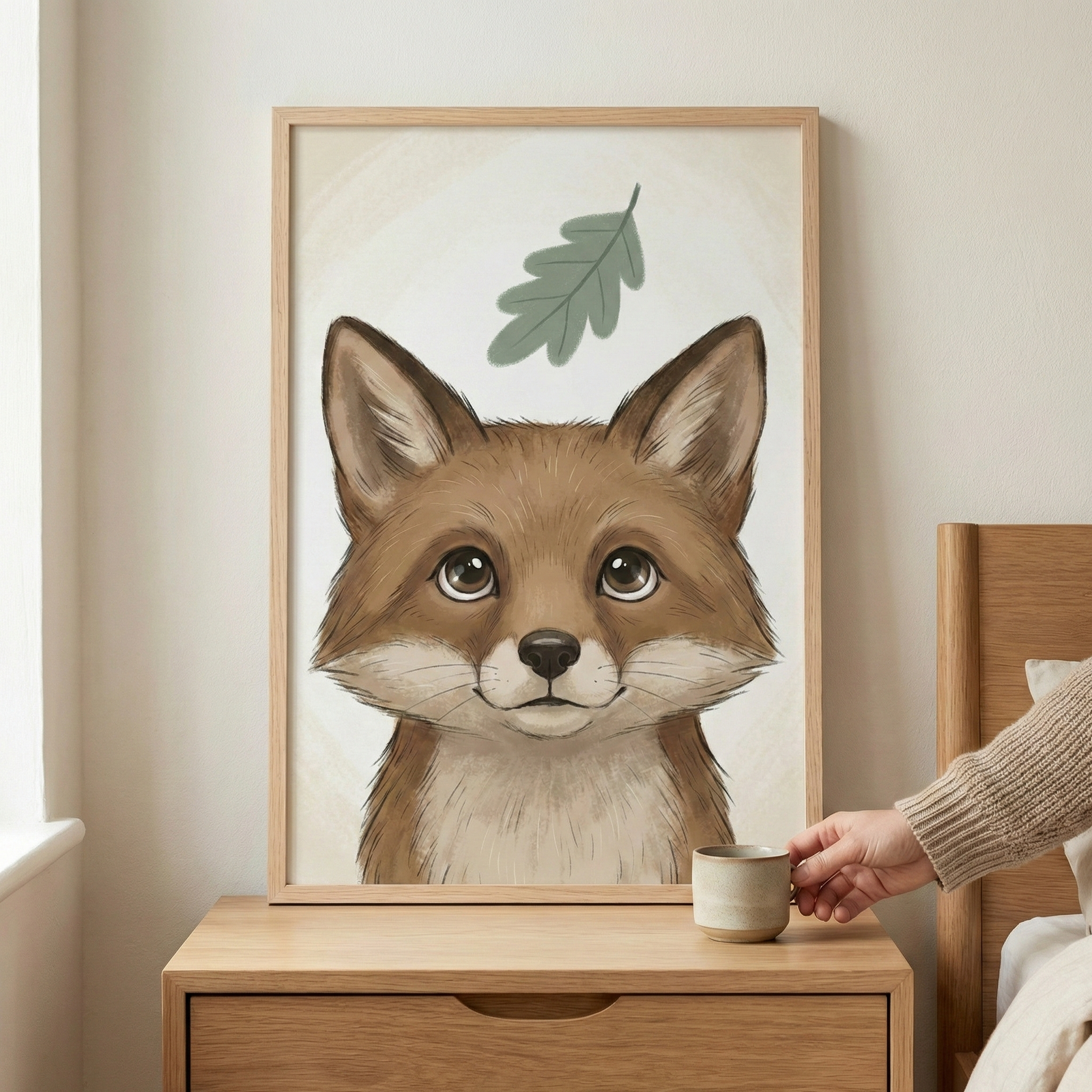 A wooden frame holds an illustration of a cute, brown fox with large, dark eyes and a gentle expression. A single green oak leaf is positioned above its head on a light background. The framed artwork rests on a light-colored wooden bedside table. To the right, a hand is shown reaching for a small ceramic cup. The scene is set in a neutral-toned room with a hint of a bed frame visible.