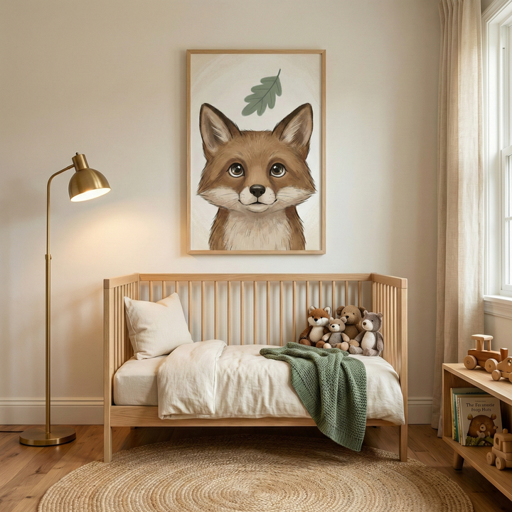 Illustrated fox portrait looking upward with a small green leaf above its head in a soft woodland style. Framed fox nursery wall art hanging above a wooden crib with stuffed animals, a floor lamp, and cozy neutral decor in a calm nature inspired baby room.