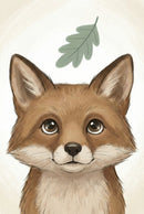 A digital illustration of a young fox looking forward with wide, dark eyes and a gentle expression. The fox has reddish-brown fur with cream-colored accents around its muzzle and chest. A single green oak-shaped leaf is centered above its head. The background is a soft, off-white color with a subtle, textured glow behind the fox's head. The artwork has a soft, warm feel with fine lines depicting the texture of the fox's fur.