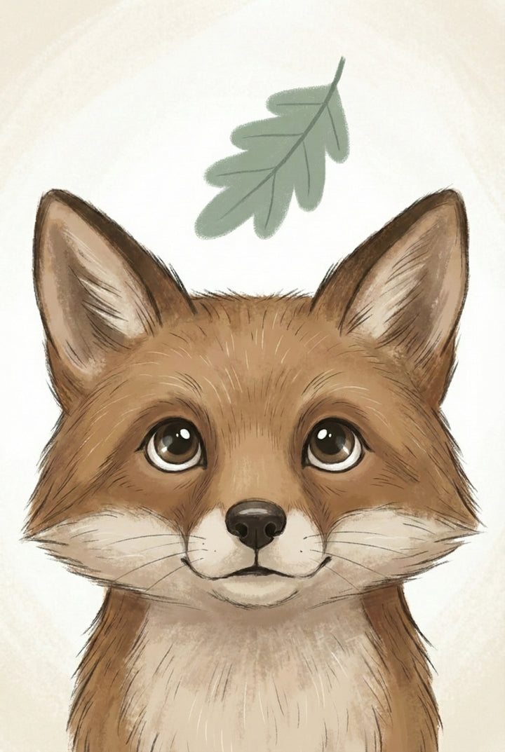 A digital illustration of a young fox looking forward with wide, dark eyes and a gentle expression. The fox has reddish-brown fur with cream-colored accents around its muzzle and chest. A single green oak-shaped leaf is centered above its head. The background is a soft, off-white color with a subtle, textured glow behind the fox's head. The artwork has a soft, warm feel with fine lines depicting the texture of the fox's fur.