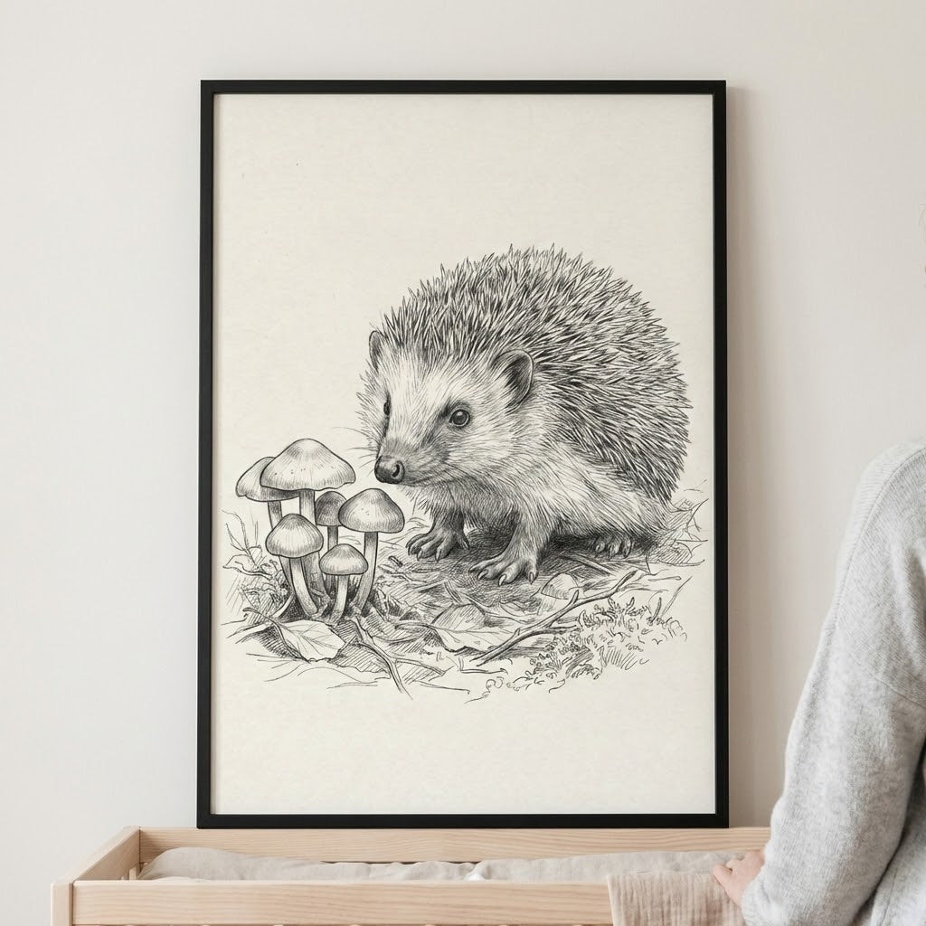 A framed black-and-white graphite illustration of a hedgehog positioned in a forest clearing next to a cluster of wild mushrooms. The artwork highlights fine details of the creature's quills and facial features. The print is set against an off-white background and enclosed in a simple black frame, displayed on a neutral-colored wall above a wooden surface.
