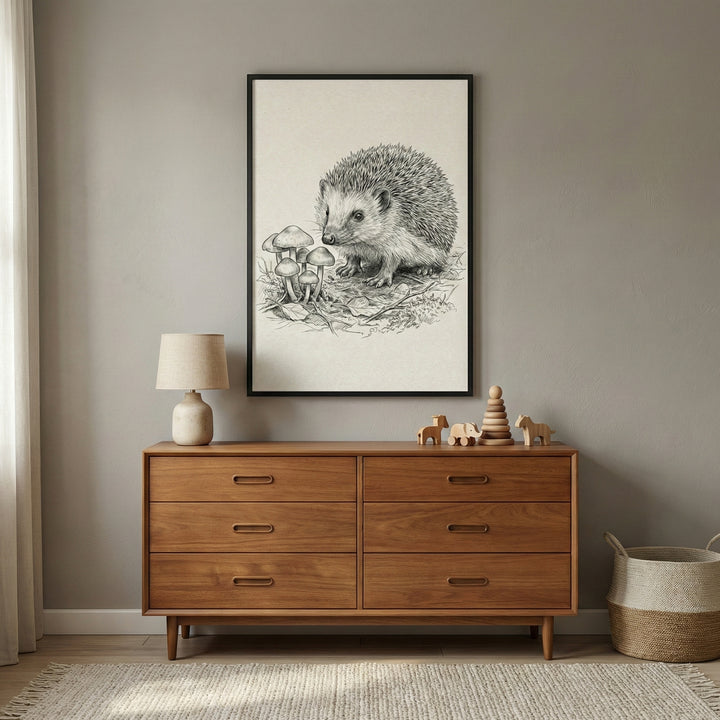 A cozy, neutral-toned room featuring a large framed black and white sketch of a hedgehog and small mushrooms on a grey wall. Below the artwork sits a wooden mid-century modern dresser with six drawers. On top of the dresser are a small neutral lamp and several wooden toys, including animal figurines and a stacking ring tower. To the right of the dresser is a woven storage basket on a light wood floor covered by a textured rug.
