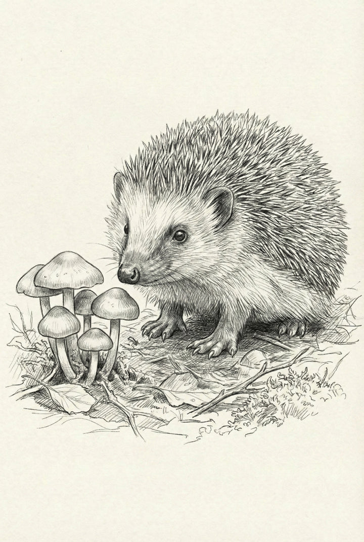 Sketch of a hedgehog standing on a forest floor next to a cluster of mushrooms, with fine detail in its spines and curious facial expression.
