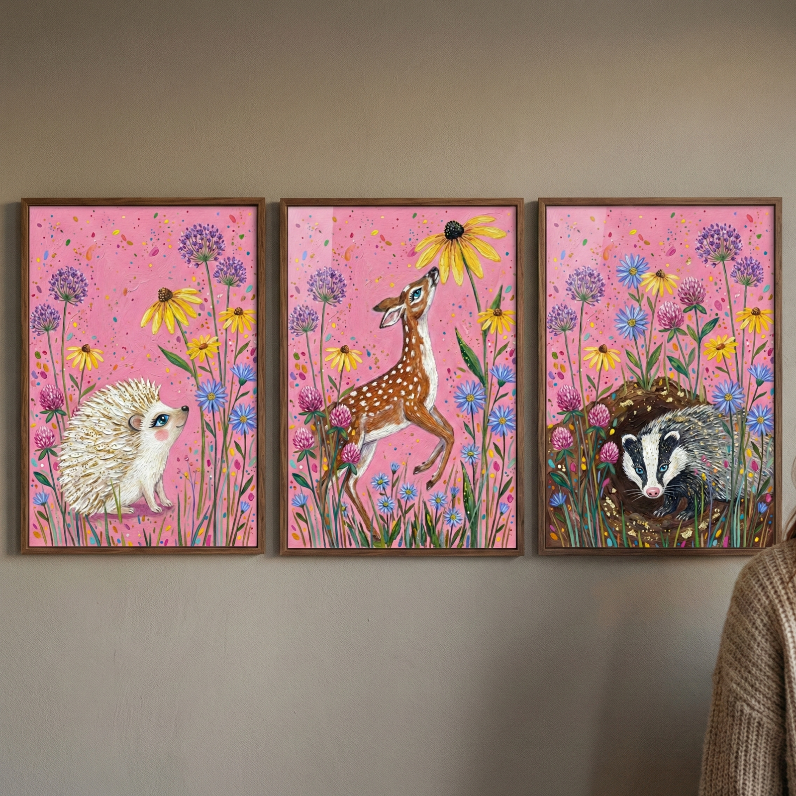 Three rectangular wooden-framed illustrations hang side-by-side on a light-colored wall. Each artwork features a different woodland animal set against a vibrant pink backdrop filled with a variety of colorful wildflowers in shades of yellow, purple, and blue. The piece on the left depicts a small, light-colored hedgehog with a curious expression. The center piece shows a spotted fawn reaching up toward a large yellow flower. The piece on the right illustrates a badger peering out from a hole in the ground. 