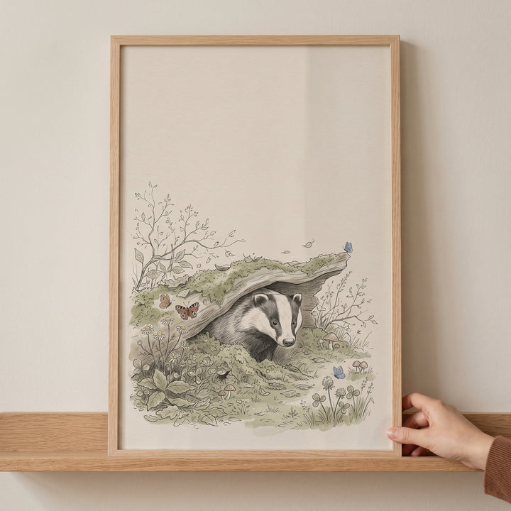 Framed woodland mossy den badger wall art showing a badger peeking from its hollow log home amidst forest plants.