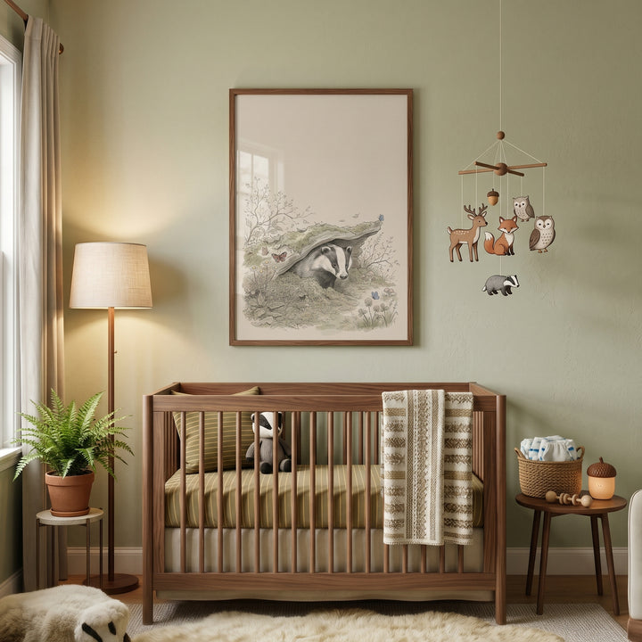 Sage green nursery with a wooden crib, potted fern, and woodland mossy den badger wall art.
