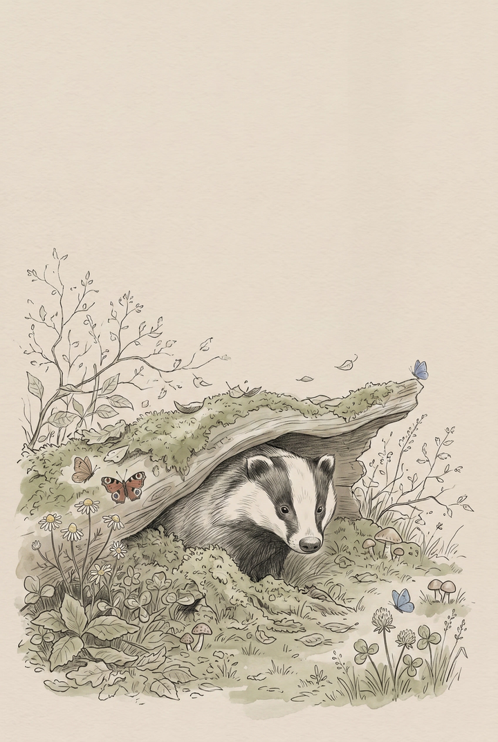 A badger peeks out from a hollow log in this woodland mossy den badger wall art with butterflies and flowers.