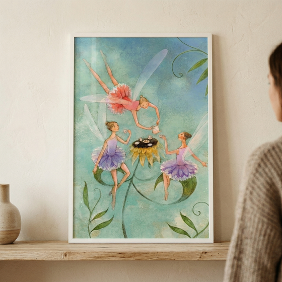 This ethereal illustration depicts three whimsical fairies gathered for a tea party in a magical garden. Against a soft, textured teal backdrop with swirling green stems, the winged figures are dressed in delicate ruffled skirts. One fairy in pink floats above, pouring tea from a small white pot, while two others in purple tutus wait with tiny cups. A large, golden flower serves as a central table for their miniature tea service. 
