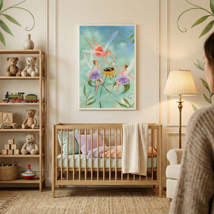A cozy nursery features a light wood crib with pastel pillows and a white knit blanket. Centered above is a large framed illustration of three delicate winged fairies in tutus dancing around a flower. To the left, a wooden shelf holds teddy bears, wooden blocks, and a toy train. A floor lamp with a pleated shade stands near a cream armchair. Botanical leaf decals adorn the walls, and a textured rug covers the floor. A person's shoulder is partially visible in the foreground.