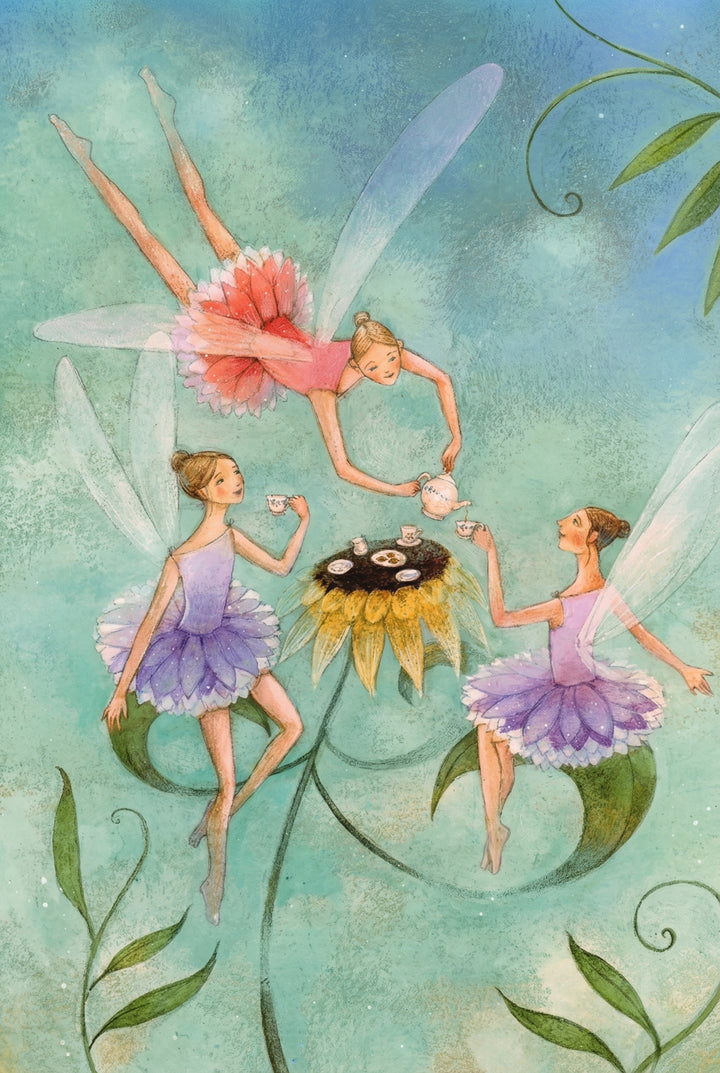 Whimsical wall art print of three fairies with translucent wings gathered for tea around a sunflower table. One fairy in a pink petal dress flies overhead pouring tea from a teapot while two fairies in lavender petal dresses sit on curling green vines holding tiny teacups. Soft teal background and delicate leafy swirls give the scene a dreamy storybook feel.
