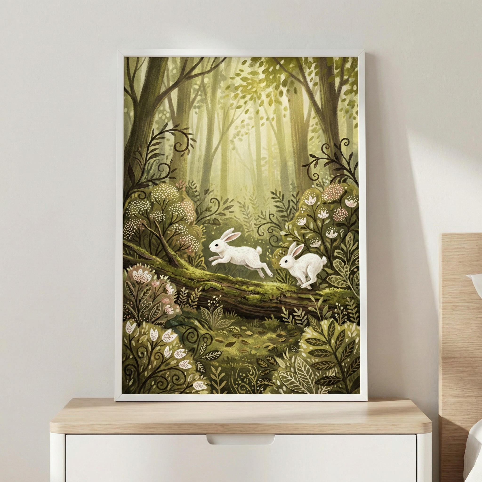 A framed artwork depicts two white rabbits playfully leaping through a lush, green forest filled with intricate foliage and delicate flowers, set against a softly lit, enchanting woodland background.