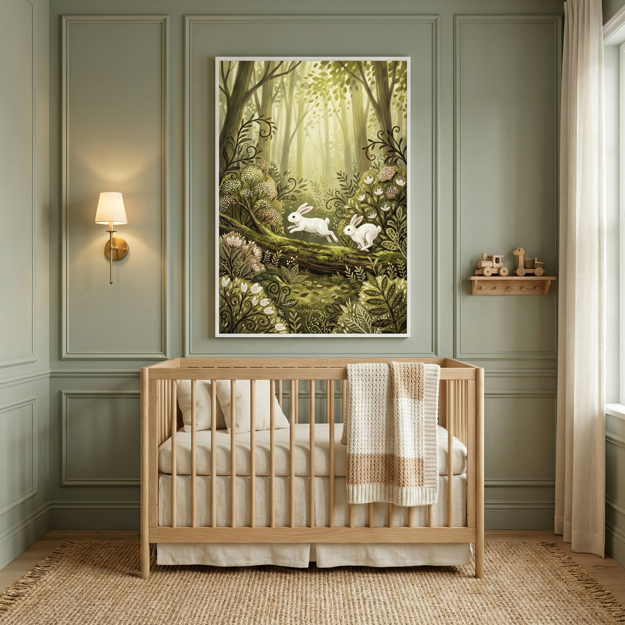 A cozy nursery features a wooden crib with cream bedding and a knitted blanket draped over the side. On the wall, a whimsical painting of two white rabbits in a lush, green forest adds a playful touch. A soft wall sconce provides gentle lighting, and a small shelf holds wooden toys, complementing the room's serene atmosphere.