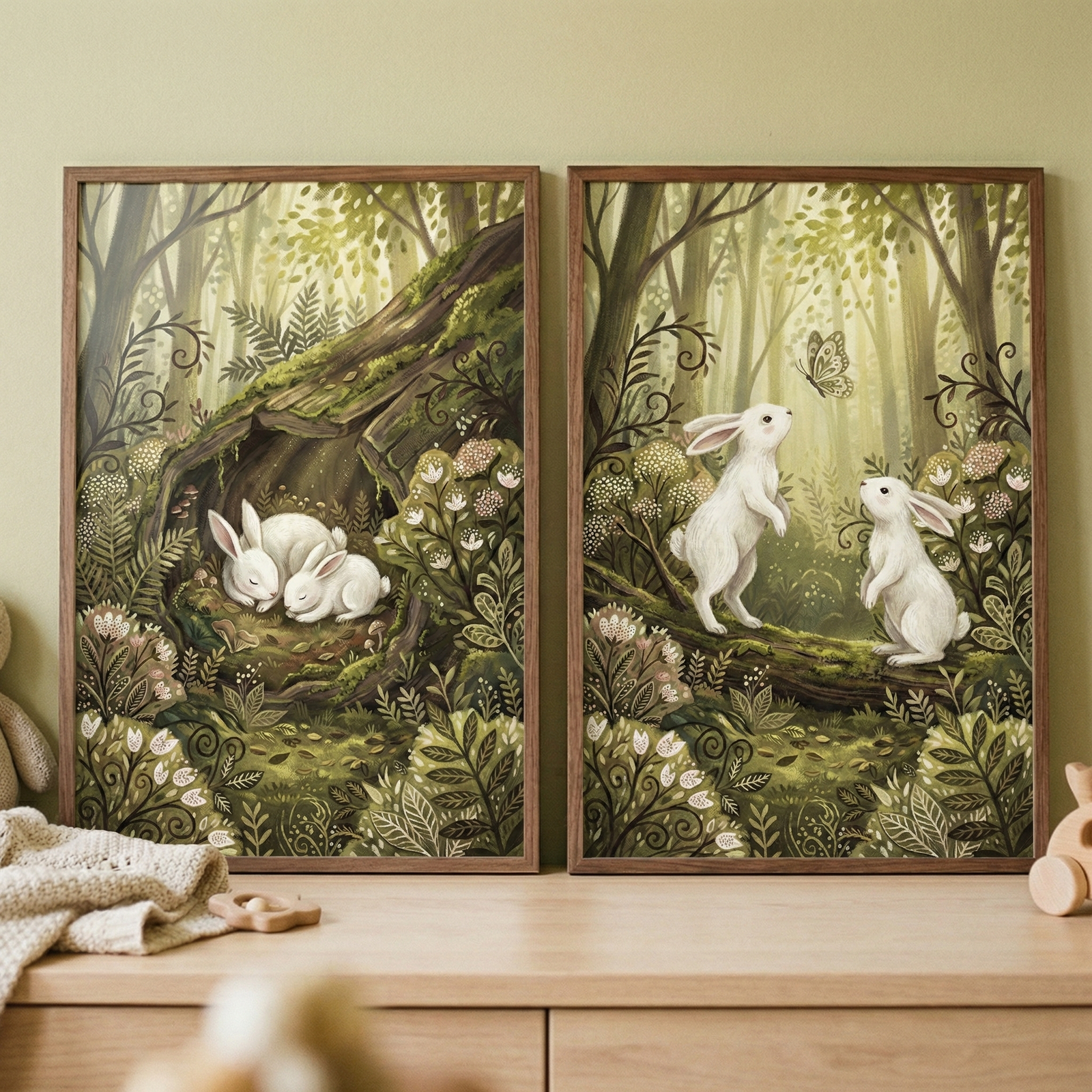 Two framed woodland illustrations of white rabbits in a lush forest filled with moss, ferns, and delicate flowers. One artwork shows two baby rabbits sleeping inside a hollow tree while the other shows two rabbits standing on a mossy log watching a butterfly in a magical storybook forest scene.