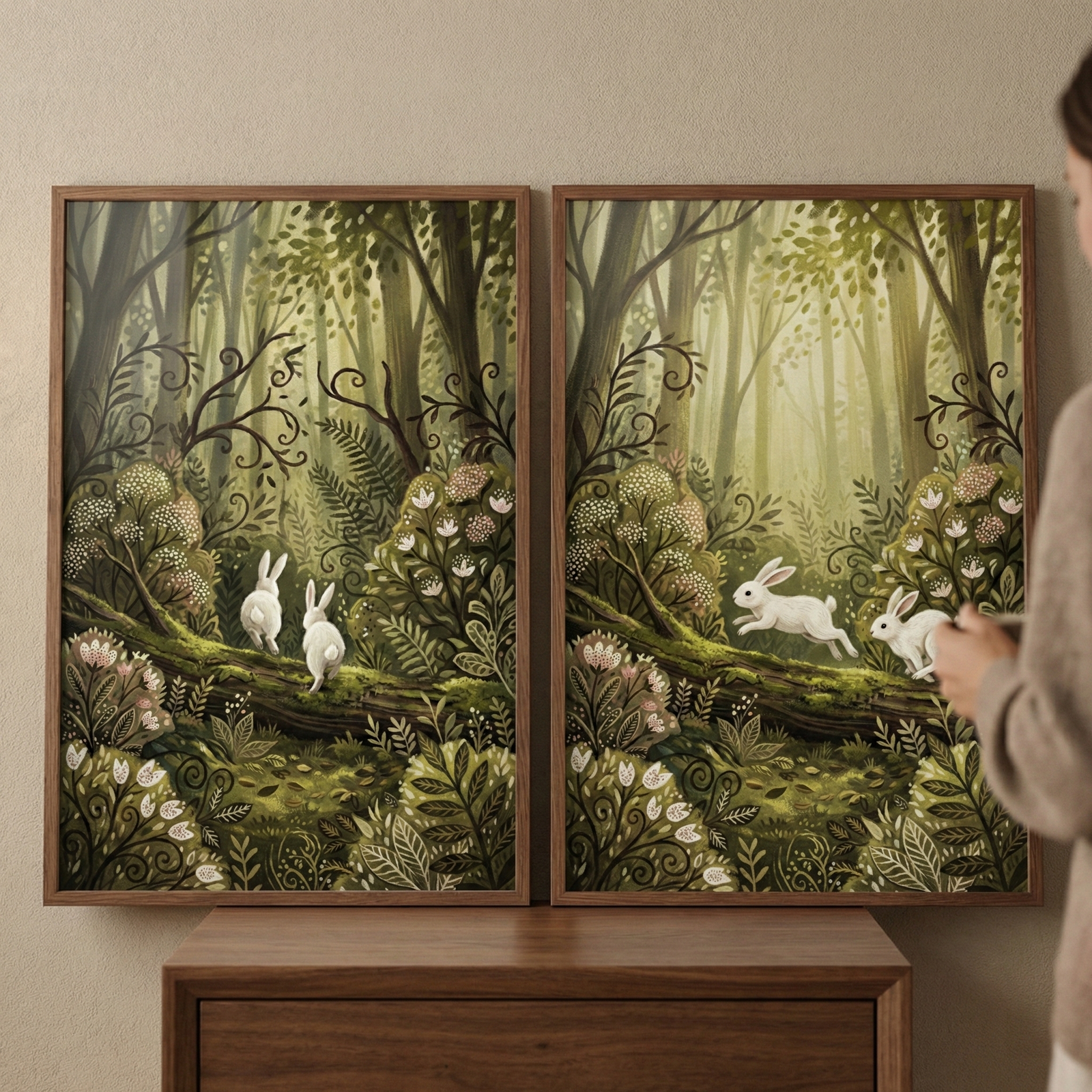 Two vertical wooden-framed illustrations hang side-by-side on a plain wall above a wooden dresser. Both artworks feature a whimsical forest scene with dense green foliage, ferns, and small flowers. In the left piece, two white rabbits sit on a mossy log, looking into the woods. In the right piece, two white rabbits are leaping along a log. A person's hand and shoulder are visible on the right, partially obscuring the edge of the second frame. The style is detailed and folk-art inspired.