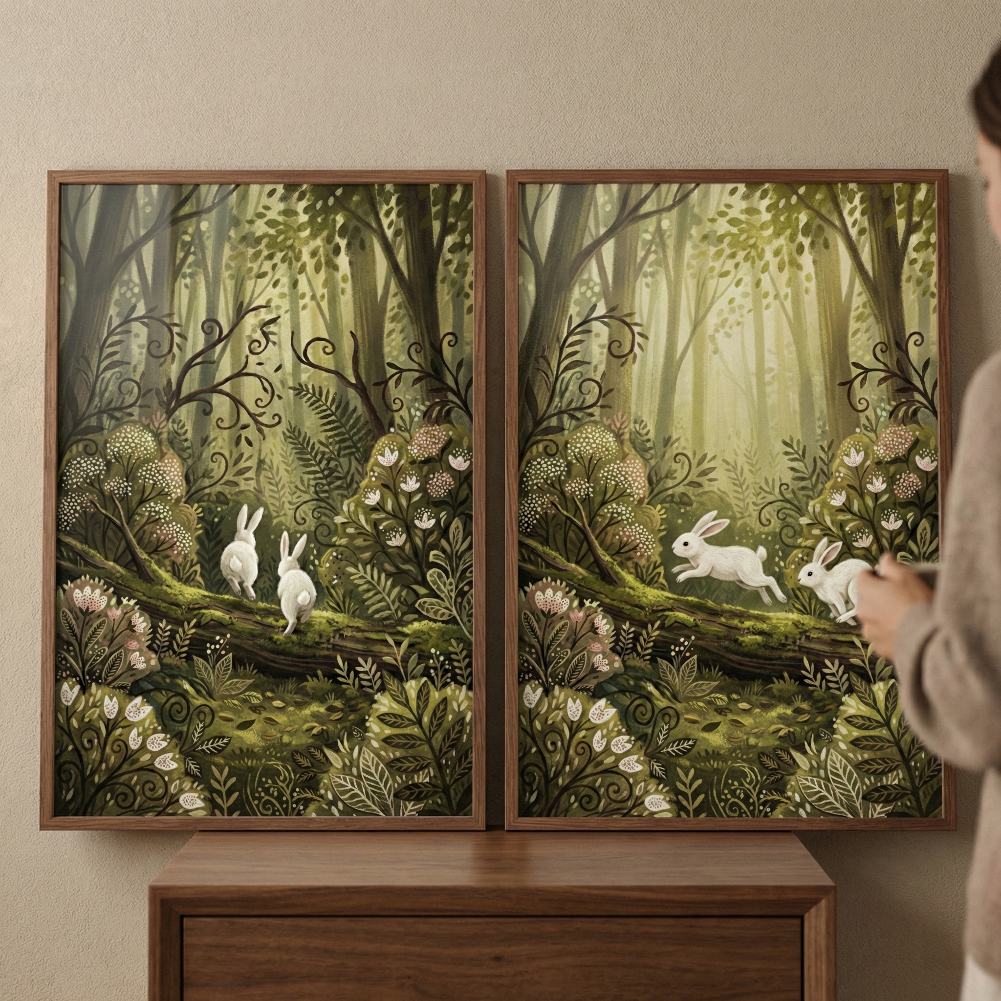 Woodland Rabbits Art Set of 2 - Sunlit Forest Leap