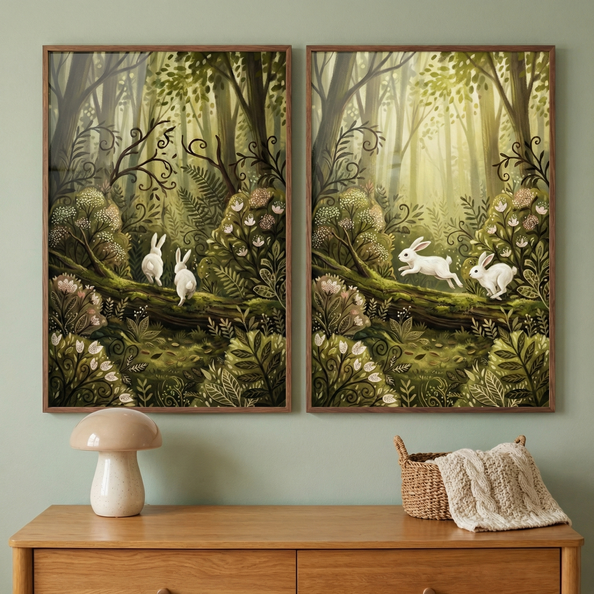 Woodland Rabbits Art Set of 2 - Whimsical Forest Prints