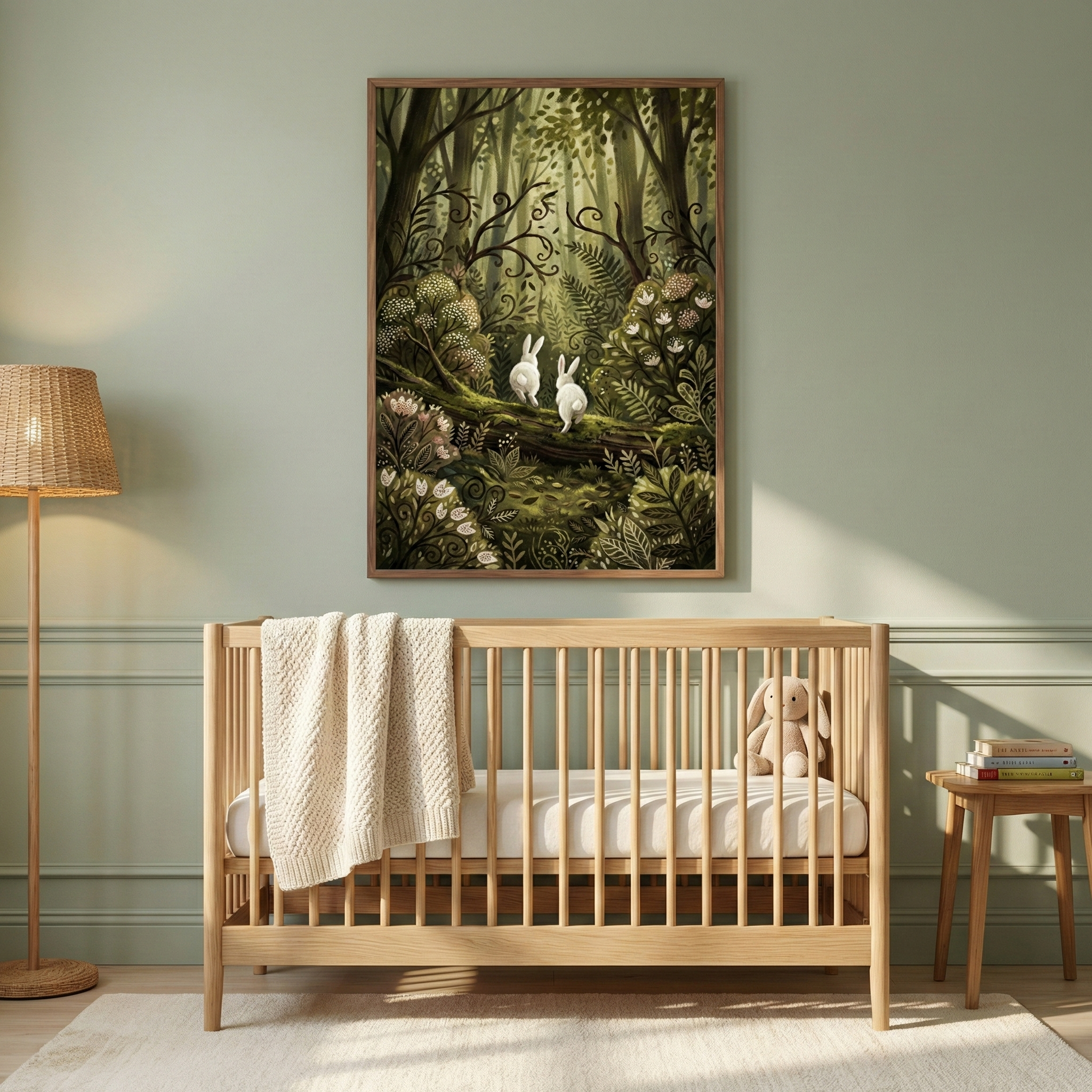 A cozy nursery features a light wooden crib with a knitted blanket draped over the side, a plush bunny toy inside, and a small wooden side table with books. A large, framed painting of two white rabbits in a lush, green forest hangs on the wall above, adding a whimsical touch. A woven floor lamp softly illuminates the space.