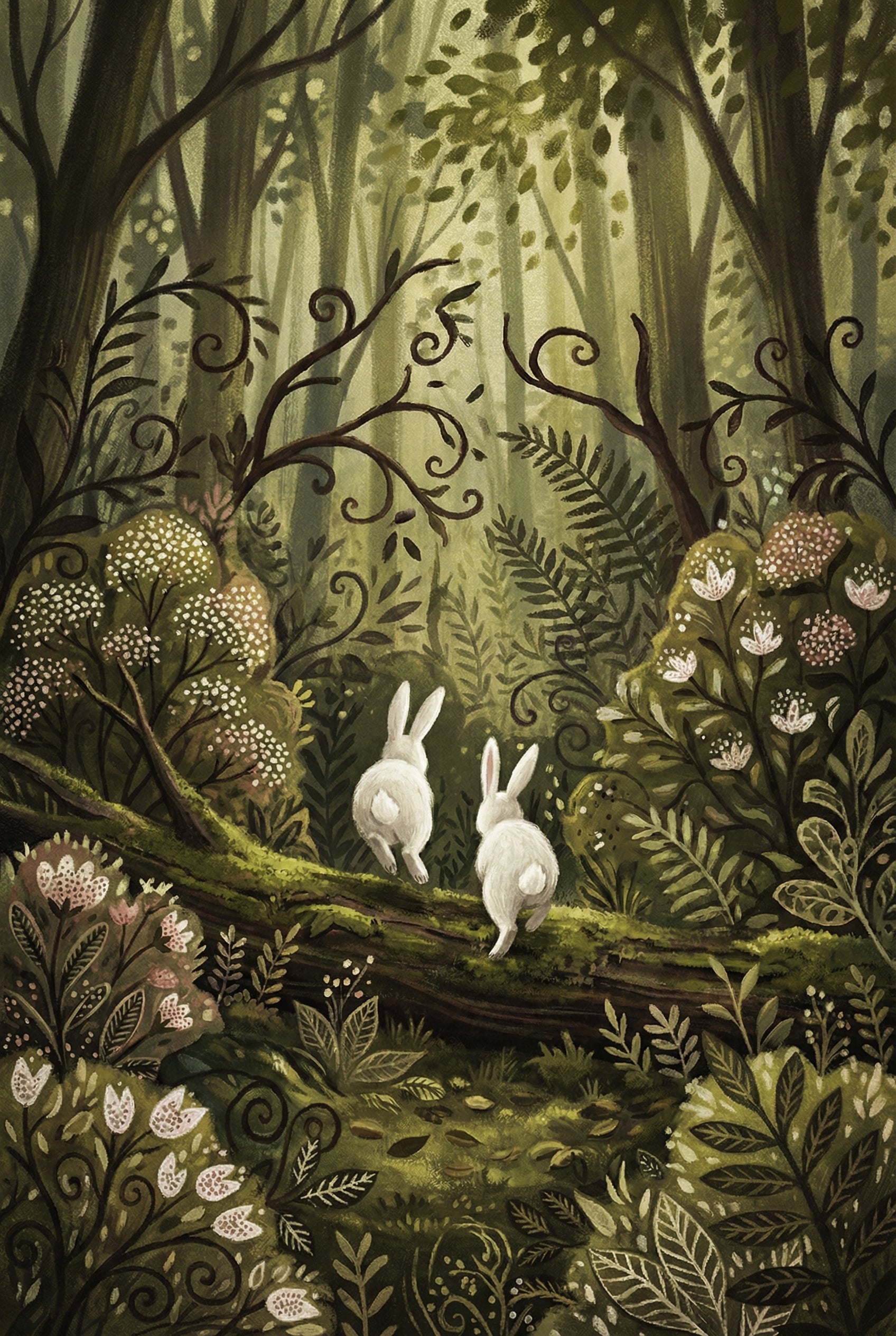 A stylized illustration depicts two fluffy white rabbits hopping away along a thick, moss-covered log in a lush forest. The woodland is filled with intricate greenery, including ferns, curling branches, and small clusters of white flowers. Soft, dappled sunlight filters through the canopy of tall, slender trees in the background. The scene is rendered in a warm, earthy palette of greens and browns, creating a serene and whimsical atmosphere.