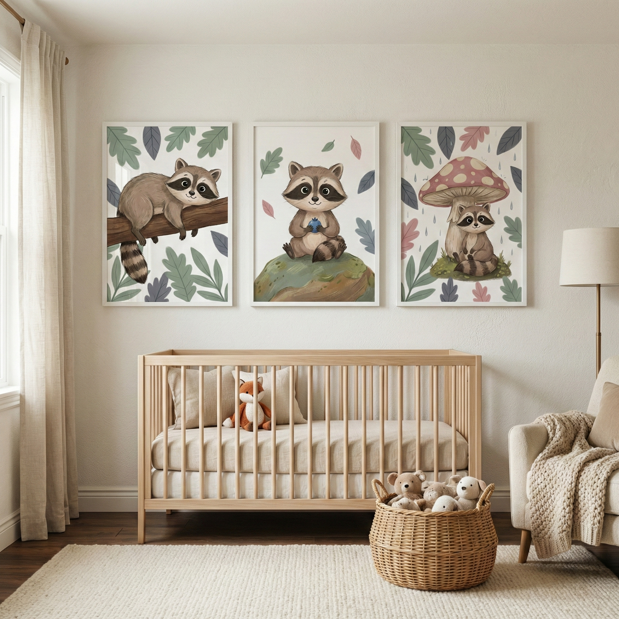 Woodland Raccoon Nursery Wall Art Set Of 3 - Woodland Raccoon Trio