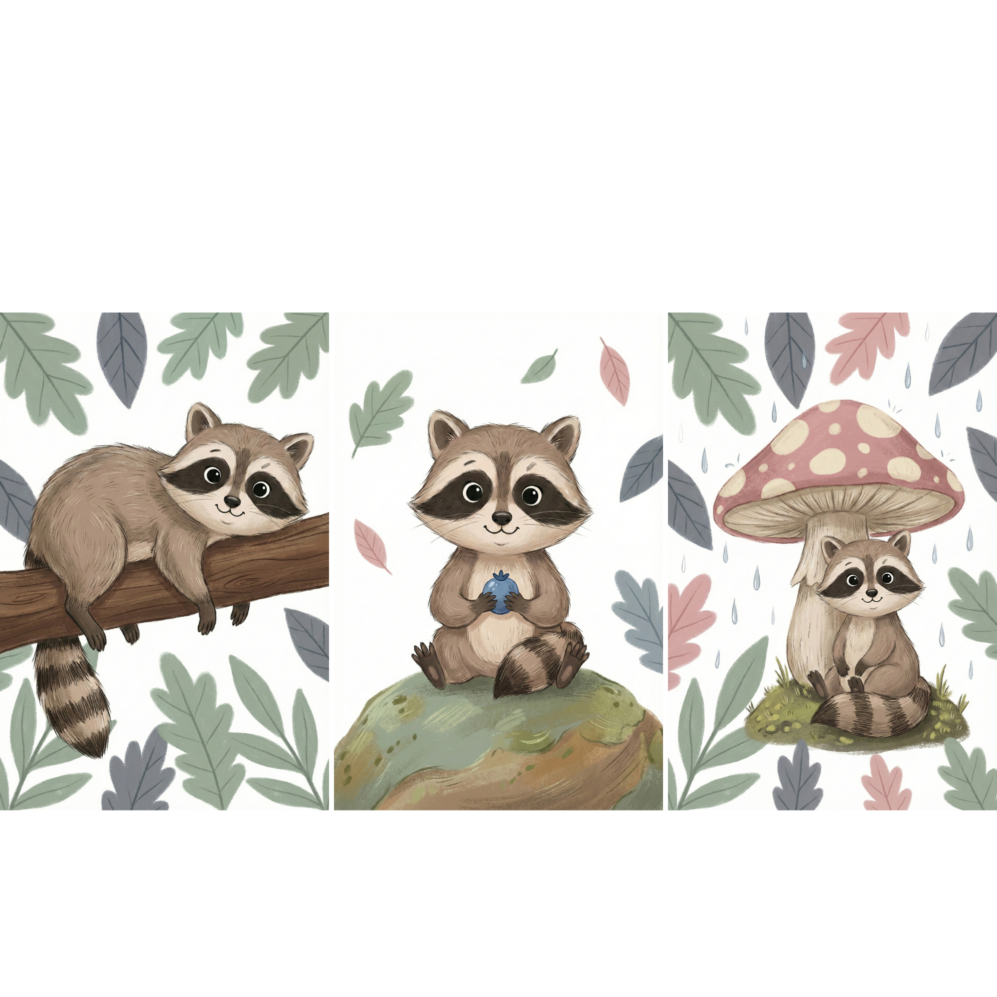 Three soft watercolor style illustrations of cute raccoons set against a white background with scattered pastel leaves. One raccoon lounges on a tree branch, another sits on a mossy rock holding a small blue berry, and the third sits beneath a large spotted mushroom as raindrops fall around it.