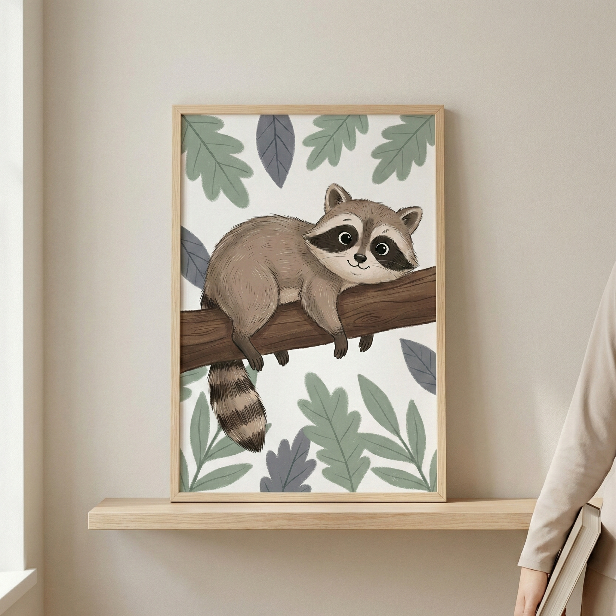 A framed illustration of a cute cartoon raccoon resting on a horizontal tree branch. The raccoon has large, dark eyes, a small smile, and a thick, striped tail hanging down. The background of the art is a light cream color decorated with a pattern of green and muted purple leaves. The artwork is held in a light-colored wooden frame, which sits on a matching wooden shelf against a neutral-colored wall. To the right, a person's arm and side are partially visible, wearing a beige garment and holding a book.