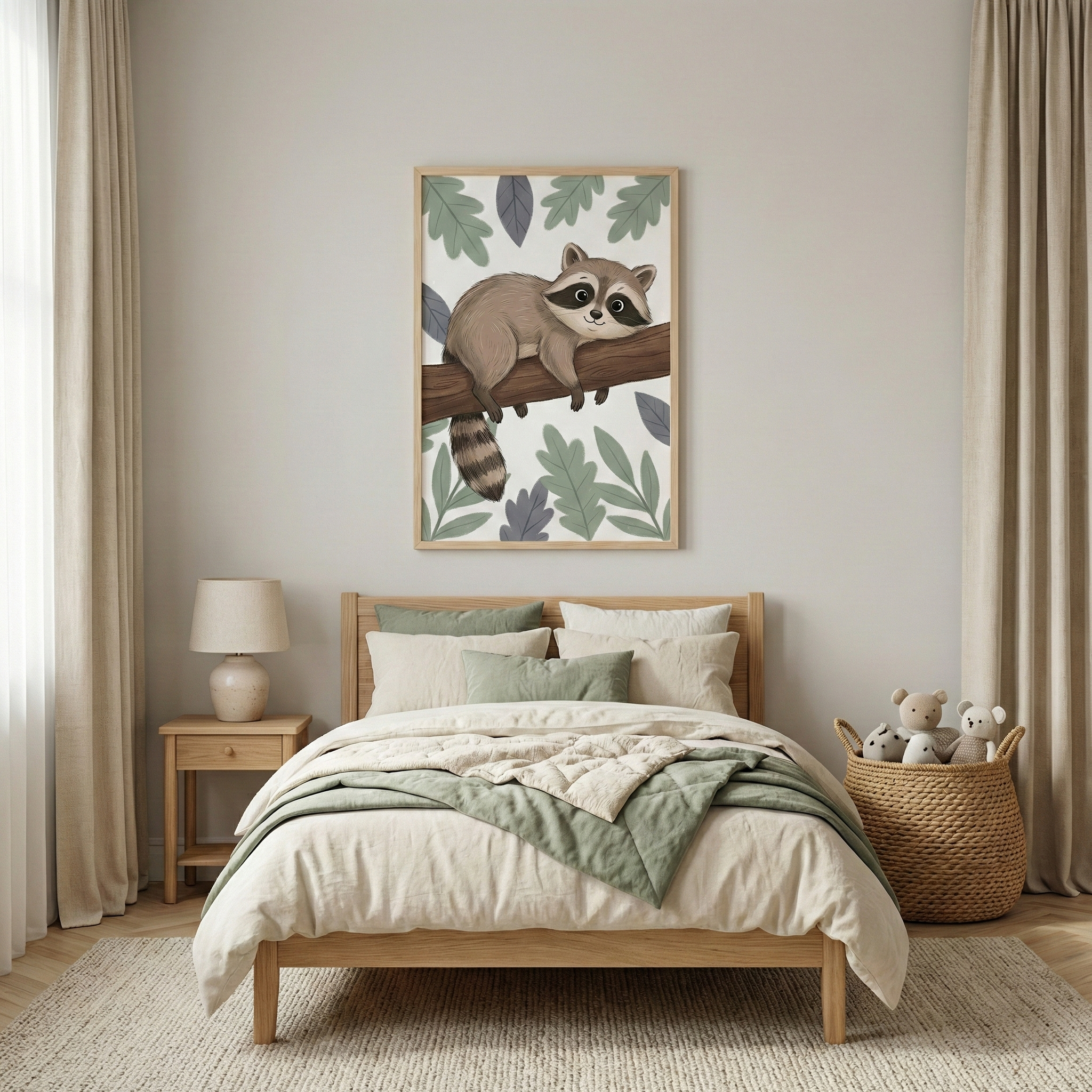 A cozy children's bedroom features a light wooden bed centered against a neutral wall. The bed is covered in layered cream and sage green linens. Above it hangs a framed illustration of a cute raccoon resting on a tree branch among stylized leaves. To the left is a wooden nightstand with a simple lamp. To the right, a woven basket holds three small plush toy bears. Tall, beige curtains hang on either side, and a textured area rug lies on the wooden floor.