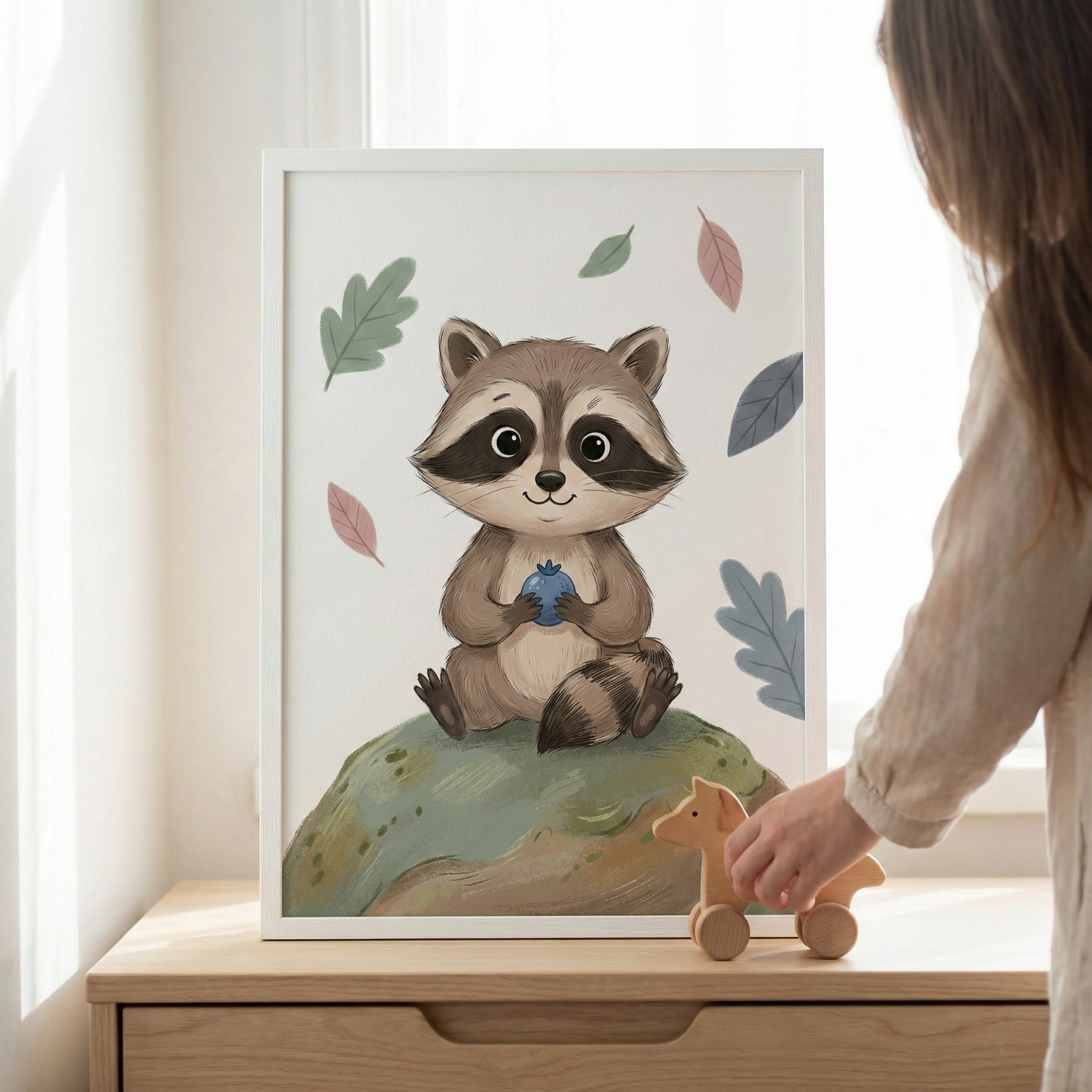 A framed illustration of a cute raccoon is the centerpiece of this image. The cartoon raccoon, with large eyes and a friendly smile, sits on a grassy mound and holds a small blue berry. Softly colored leaves in shades of pink, blue, and green are scattered around it on a white background. The white frame sits on a light wooden dresser next to a small wooden horse toy on wheels. A person's hand and arm are partially visible as they reach toward the toy.