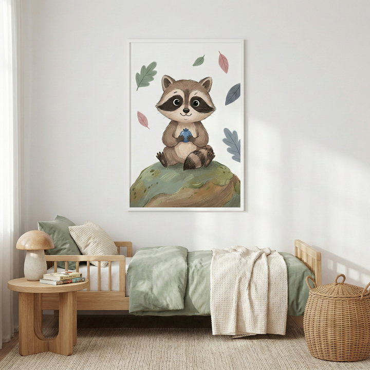 A cozy child’s room features a large framed illustration of a cute cartoon raccoon sitting on a mossy hill, holding a blue berry, with floating leaves around it. The artwork hangs above a minimalist wooden bed dressed in sage green and cream bedding. Beside the bed is a small wooden side table with a mushroom-shaped lamp and some books. A textured rug and a large woven wicker basket complete the natural, earthy aesthetic of the bright, airy space.