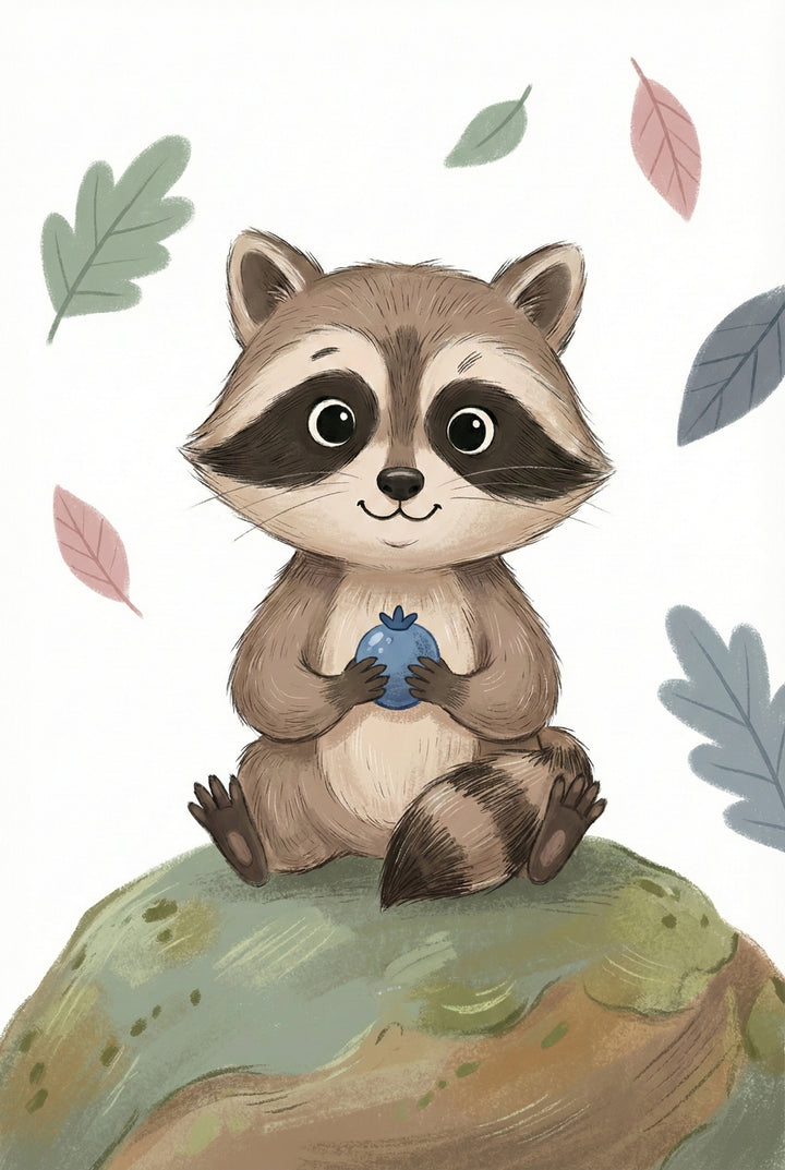 A whimsical digital illustration featuring a cute, wide-eyed raccoon sitting on a moss-covered hill. The raccoon has soft brown and gray fur, a characteristic dark mask around its eyes, and a bushy striped tail tucked beside it. It holds a single large blue berry in its paws with a small, gentle smile. The background is a clean white, accented by floating stylized leaves in muted shades of green, pink, and blue. The artwork uses textured brushstrokes to create a soft, storybook aesthetic.
