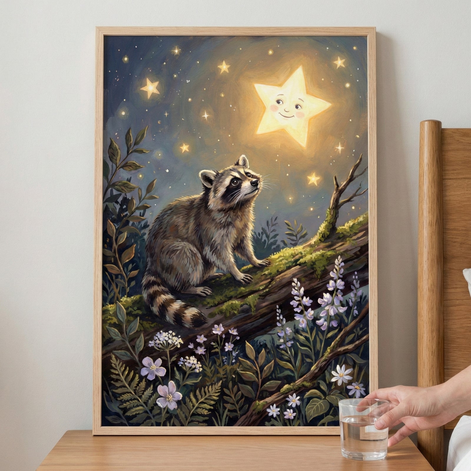 A framed illustration sits on a wooden nightstand next to a bed. The artwork depicts a raccoon perched on a mossy log, looking up in wonder at a large, glowing star with a friendly, smiling face. The scene is set against a dark night sky filled with numerous twinkling stars. Below the log, a variety of forest plants and purple and white flowers are in bloom. In the foreground, a hand reaches towards a glass of water positioned on the table in front of the framed piece.
