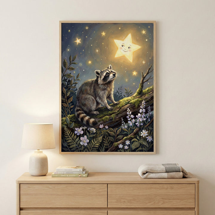 A framed piece of whimsical artwork hangs on a neutral wall above a light wood dresser. The illustration depicts a cute raccoon sitting on a moss-covered log in a forest at night, looking up in wonder at a large, smiling yellow star. The dark blue sky is filled with numerous smaller glowing stars. At the bottom of the scene, delicate purple and white flowers bloom among green ferns. On the dresser below the frame sits a simple table lamp with a light-colored shade, a small stack of books, and a folded grey.