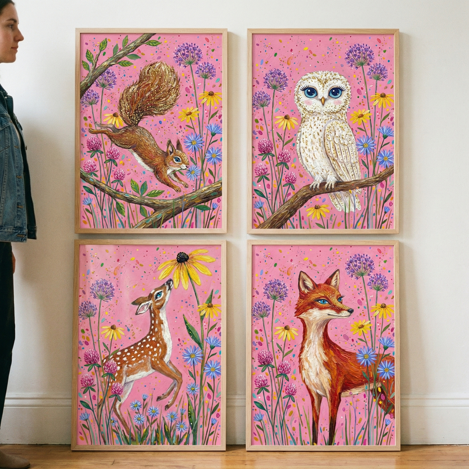 A person stands next to four framed vertical illustrations arranged in a square grid on a white wall. Each piece of artwork features a different woodland animal against a vibrant pink background filled with various wildflowers, including purple alliums, yellow daisies, and blue blossoms. The top-left illustration shows a leaping squirrel, and the top-right features a white owl. On the bottom row, the left image depicts a spotted fawn, while the right displays an orange fox.